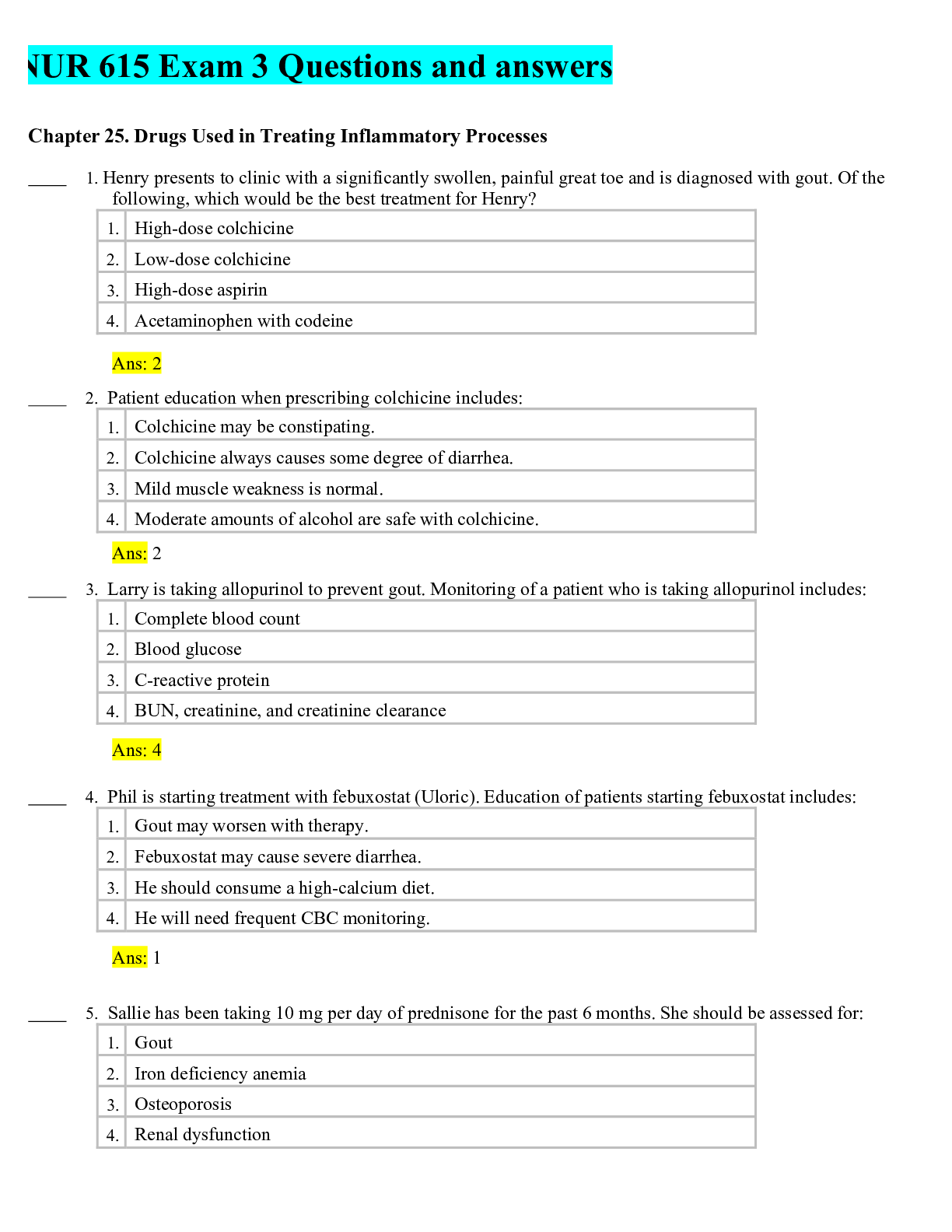 Preview of NUR 615 Exam 3 Questions and answers